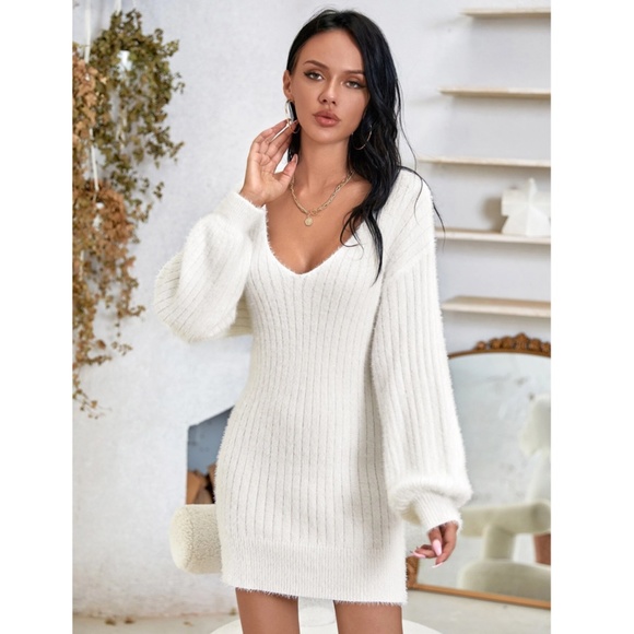 Fuzzy White Sweater Mini Dress Knit Long Lantern Sleeve - Picture 5 of 8